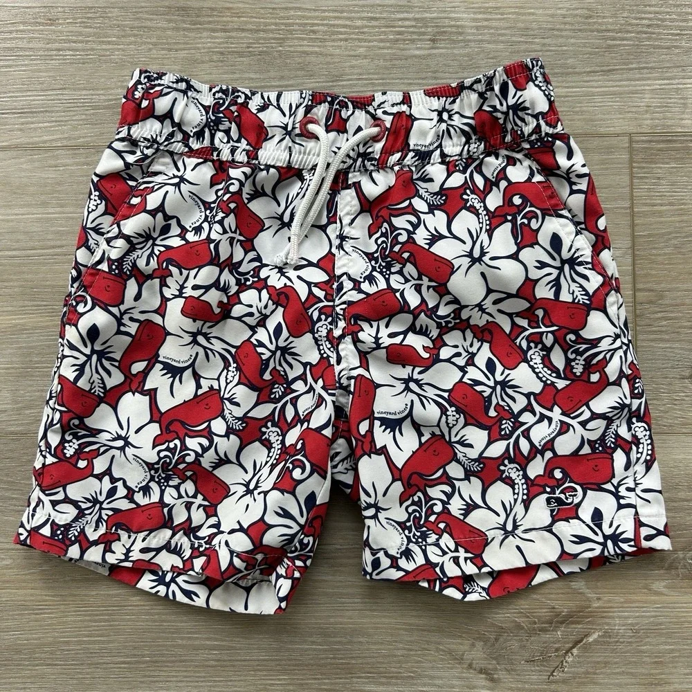 Vineyard Vines‎ Swim Trunks Boys Size XS(4/5) Red White Blue Whales Preppy Beach